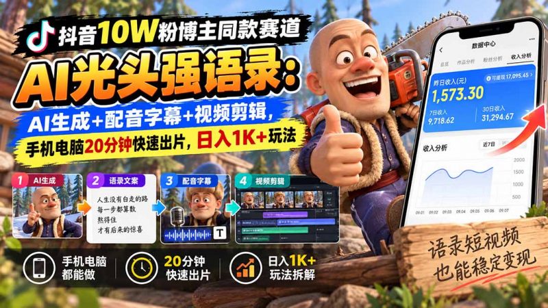 【无水印】抖音10W粉博主同款赛道AI光头强语录：AI生成+配音字幕+视频剪辑，手机电脑20分钟快速出片，日入1K+玩法-玻哥网络技术工作室