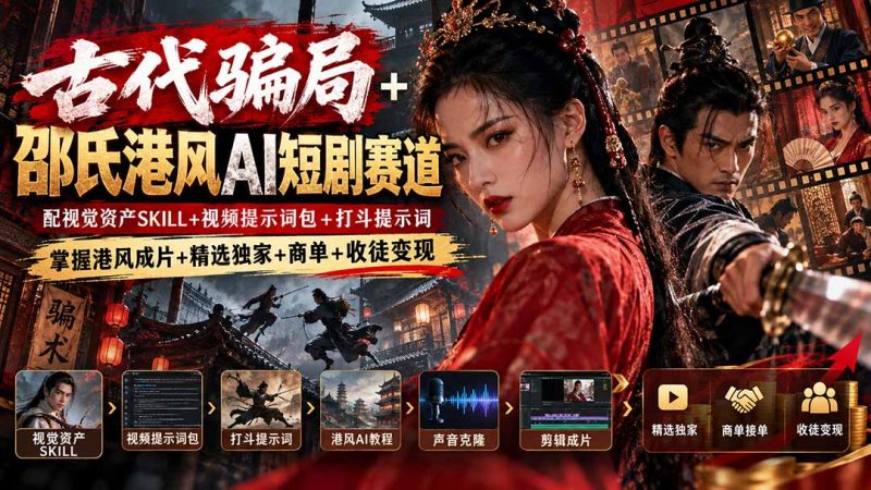 古代骗局+邵氏港风AI短剧赛道：配视觉资产SKILL+视频提示词包+打斗提示词，掌握港风成片+精选独家+商单+收徒变现-玻哥网络技术工作室