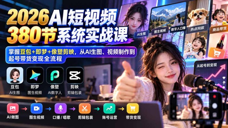 【无水印】2026AI短视频380节系统实战课：掌握豆包+即梦+像塑剪映，从AI生图、视频制作到起号带货变现全流程-玻哥网络技术工作室