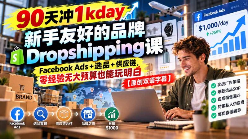 90天冲1kday 新手友好的品牌Dropshipping课：Facebook Ads+选品+供应链，零经验无大预算也能玩明白【原创双语字幕】-玻哥网络技术工作室