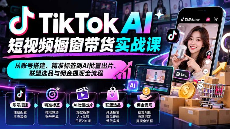 TikTok AI短视频橱窗带货实战课：从账号搭建、精准标签到AI批量出片、联盟选品与佣金提现全流程-玻哥网络技术工作室