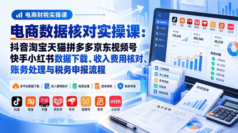电商数据核账实操课：抖音淘宝天猫拼多多京东视频号快手小红书数据下载、收入费用核对、账务处理与税务申报流程-玻哥网络技术工作室