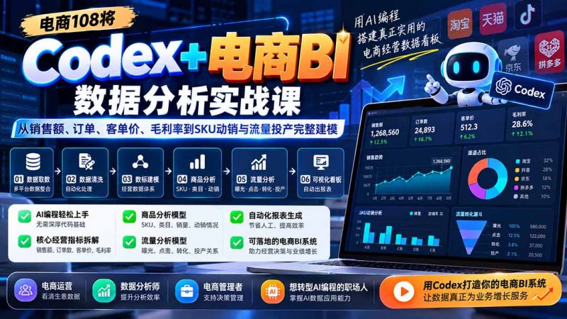 Codex+电商BI数据分析实战课-更新：从销售额、订单、客单价、毛利率到SKU动销与流量投产完整建模-玻哥网络技术工作室