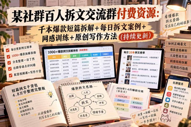 某社群百人拆文交流群付费资源-更新0929：千本爆款短篇拆解+每日拆文案例+网感训练+原创写作方法-玻哥网络技术工作室