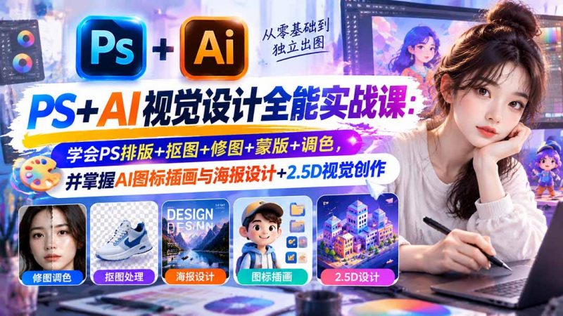 【无水印】PS+AI视觉设计全能实战课：学会PS排版+抠图+修图+蒙版+调色，并掌握AI图标插画与海报设计+2.5D视觉创作-玻哥网络技术工作室