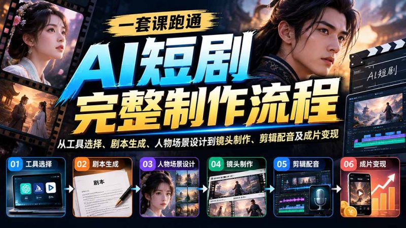 一套课跑通AI短剧完整制作流程：从工具选择、剧本生成、人物场景设计到镜头制作、剪辑配音及成片变现-玻哥网络技术工作室