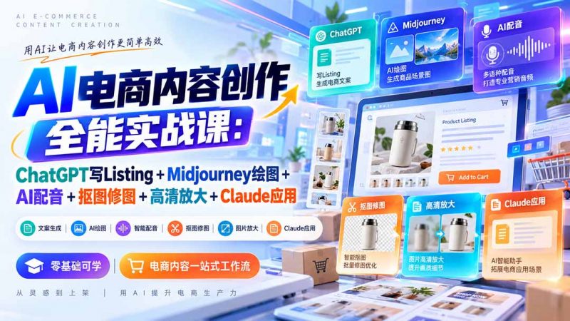 【无水印】AI电商内容创作全能实战课：ChatGPT写Listing+Midjourney绘图+AI配音+抠图修图+高清放大+Claude应用-玻哥网络技术工作室