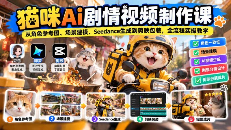 猫咪AI剧情视频制作课：从角色参考图、场景建模、Seedance生成到剪映包装，全流程实操教学-玻哥网络技术工作室