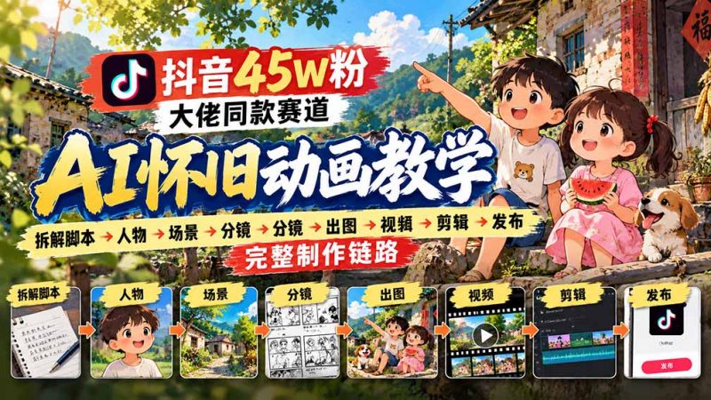 抖音45W粉大佬同款赛道AI怀旧动画教学：拆解脚本→人物→场景→分镜→出图→视频→剪辑→发布完整制作链路-玻哥网络技术工作室