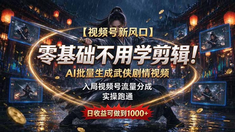 【视频号新风口】零基础不用学剪辑！AI 批量生成武侠剧情视频，入局视频号流量分成，实操跑通，日收益可做到 1000+-玻哥网络技术工作室