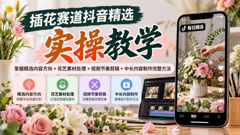 插花赛道抖音精选实操教学：掌握精选内容方向+花艺素材处理+视频节奏剪辑+中长内容制作完整方法-玻哥网络技术工作室