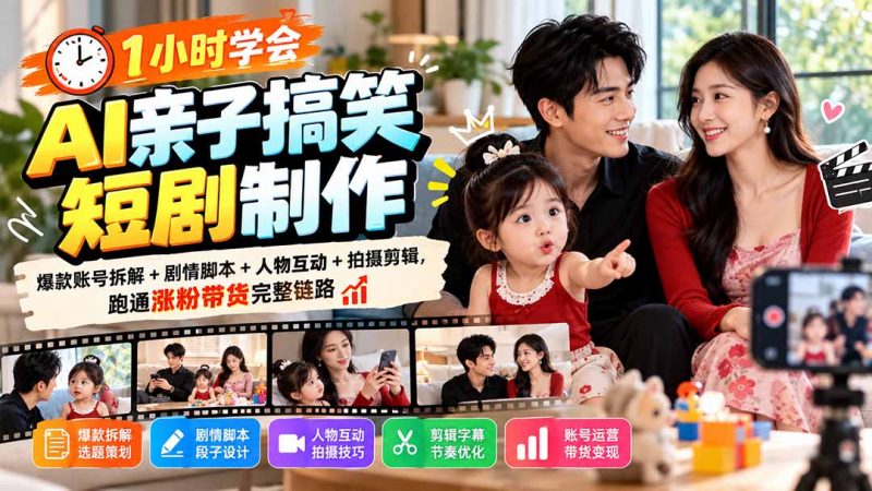 1小时学会AI亲子搞笑短剧制作：爆款账号拆解+剧情脚本+人物互动+拍摄剪辑，跑通涨粉带货完整链路-玻哥网络技术工作室