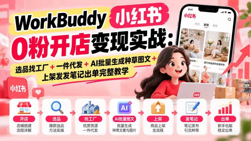 WorkBuddy小红书0粉开店变现实战：选品找工厂+一件代发+AI批量生成种草图文+上架发发笔记出单完整教学-玻哥网络技术工作室