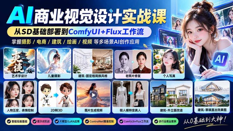 【无水印】AI商业视觉设计实战课：从SD基础部署到ComfyUI+Flux工作流，掌握摄影电商建筑AI创作-玻哥网络技术工作室