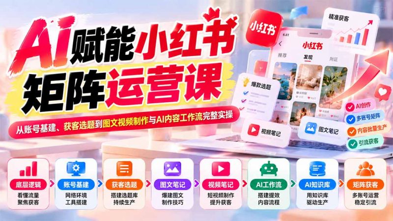 AI赋能小红书矩阵运营课：从账号基建、获客选题到图文视频制作与AI内容工作流完整实操-玻哥网络技术工作室