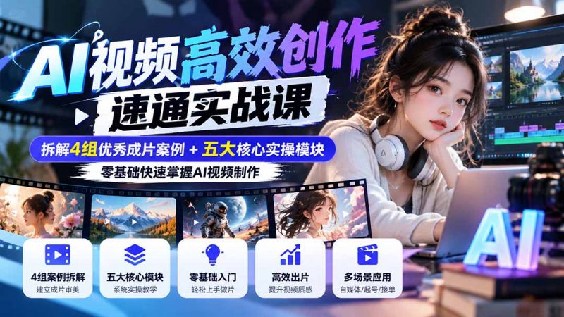 【无水印】AI视频高效创作速通实战课：拆解4组优秀成片案例+五大核心实操模块，零基础快速掌握AI视频制作-玻哥网络技术工作室