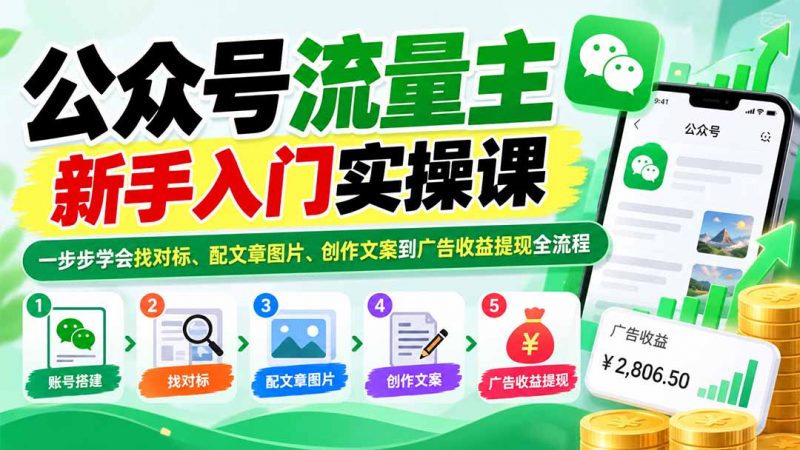 公众号流量主新手入门实操课：一步步学会找对标、配文章图片、创作文案到广告收益提现全流程-玻哥网络技术工作室