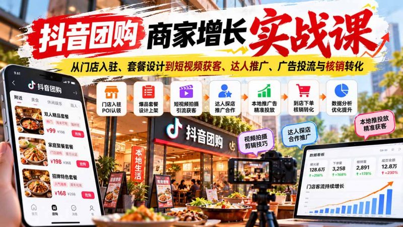 抖音团购商家增长实战课：从门店入驻、套餐设计到短视频获客、达人推广、广告投流与核销转化-玻哥网络技术工作室