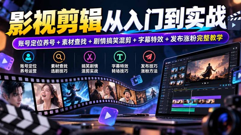 影视剪辑从入门到实战：账号定位养号+素材查找+剧情搞笑混剪+字幕特效+发布涨粉完整教学-玻哥网络技术工作室