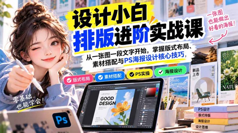 设计小白排版进阶实战课：从一张图一段文字开始，掌握版式布局、素材搭配与PS海报设计核心技巧-玻哥网络技术工作室