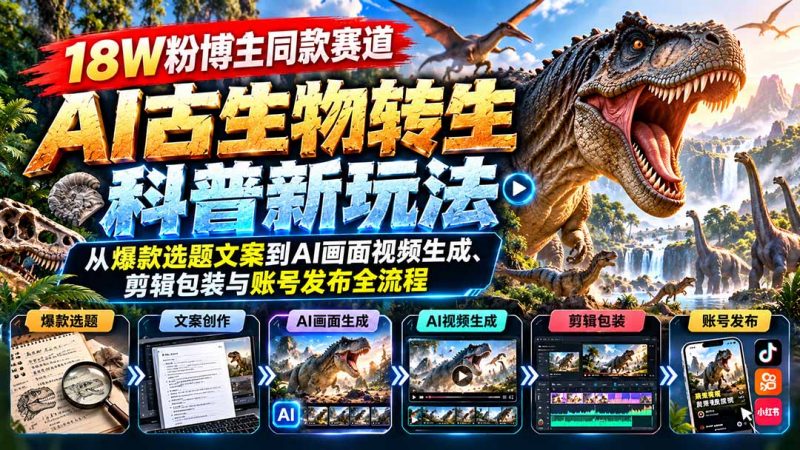 18W粉博主同款赛道-AI古生物转生科普新玩法:从爆款选题文案到AI画面视频生成、剪辑包装与账号发布全流程-玻哥网络技术工作室