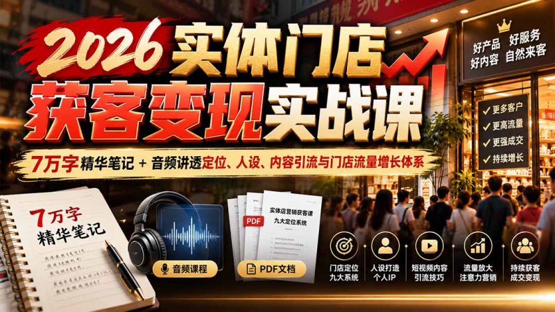 2026实体门店获客变现实战课:7万字精华笔记+音频讲透定位、人设、内容引流与门店流量增长体系-玻哥网络技术工作室