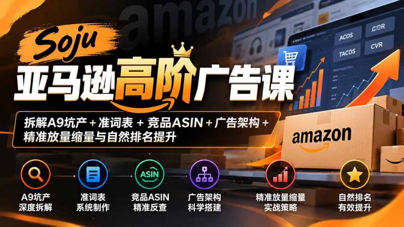 Soju亚马逊高阶广告课：拆解A9坑产+准词表+竞品ASIN+广告架构+精准放量缩量与自然排名提升-玻哥网络技术工作室