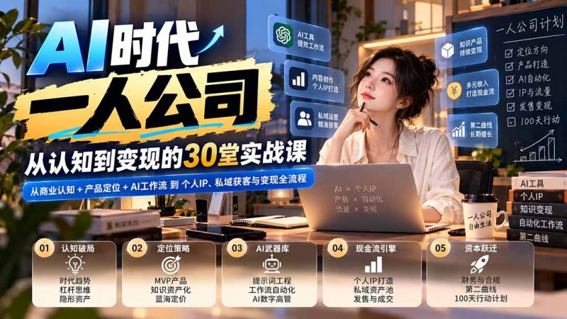 【无水印】AI时代一人公司30堂实战课：从商业认知+产品定位+AI工作流到个人IP、私域获客与变现全流程-玻哥网络技术工作室