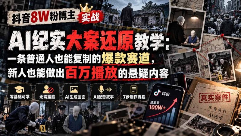 抖音8W粉博主AI纪实大案还原教学:一条普通人也能复制的爆款赛道,新人也能做出百万播放的悬疑内容-玻哥网络技术工作室