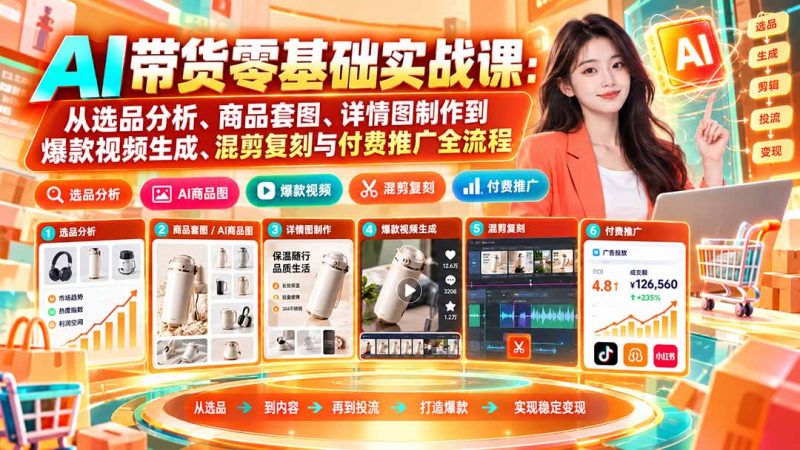 AI带货零基础实战课:从选品分析、商品套图、详情图制作到爆款视频生成、混剪复刻与付费推广全流程-玻哥网络技术工作室