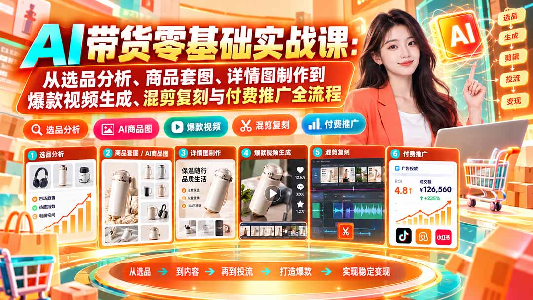 图片[1]-AI带货零基础实战课：从选品分析、商品套图、详情图制作到爆款视频生成、混剪复刻与付费推广全流程-玻哥网络技术工作室