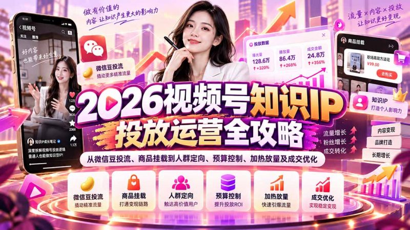 2026视频号知识IP投放运营全攻略:从微信豆投流、商品挂载到人群定向、预算控制、加热放量及成交优化-玻哥网络技术工作室