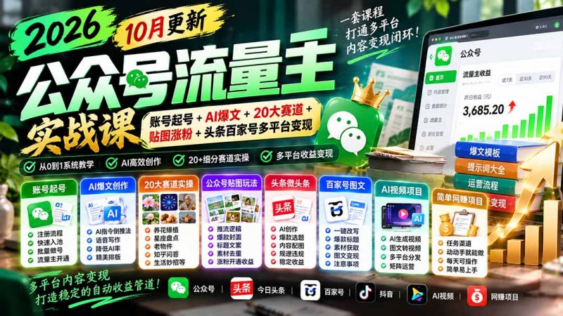 2026公众号流量主实战课-10月更新：账号起号+AI爆文+20大赛道+贴图涨粉+头条百家号多平台变现-玻哥网络技术工作室