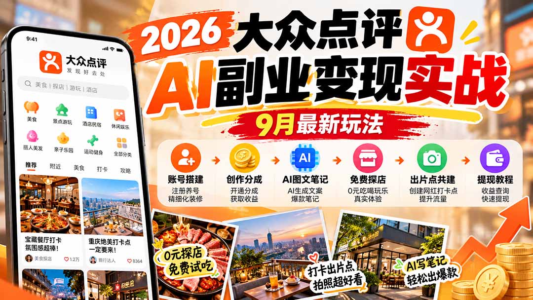 图片[2]-2026大众点评AI副业变现实战9月最新玩法：账号搭建+创作分成+AI图文笔记+免费探店+出片点共建与提现教程-玻哥网络技术工作室