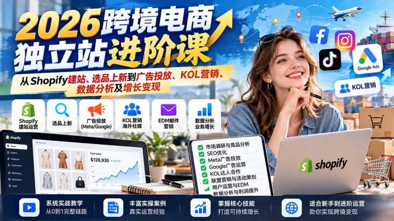 2026跨境电商独立站进阶课：从Shopify建站、选品上新到广告投放、KOL营销、数据分析及增长变现-玻哥网络技术工作室