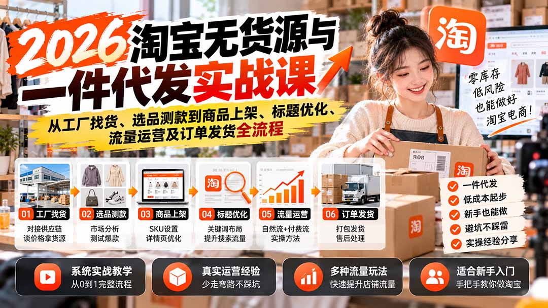 图片[1]-2026淘宝无货源与一件代发实战课：从工厂找货、选品测款到商品上架、标题优化、流量运营及订单发货全流程-玻哥网络技术工作室