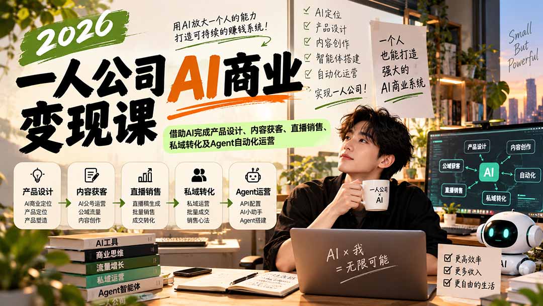 图片[1]-2026一人公司AI商业变现课：借助AI完成产品设计、内容获客、直播销售、私域转化及Agent自动化运营-玻哥网络技术工作室