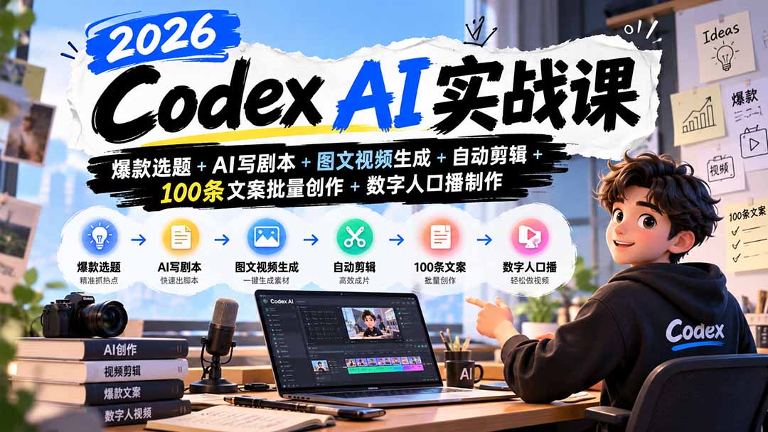 图片[2]-2026Codex AI实战课：爆款选题+AI写剧本+图文视频生成+自动剪辑+100条文案批量创作+数字人口播制作-玻哥网络技术工作室