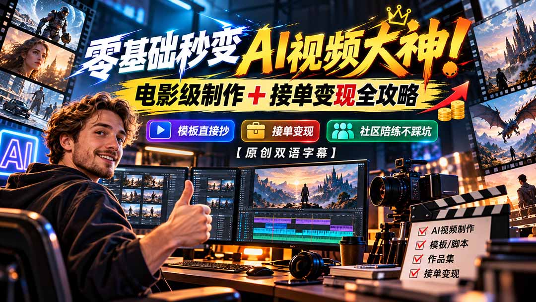 图片[2]-零基础秒变AI视频大神！电影级制作 + 接单变现全攻略，模板直接抄，社区陪练不踩坑【原创双语字幕】-玻哥网络技术工作室