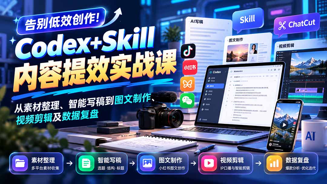 图片[2]-【无水印】告别低效创作！Codex+Skill内容提效实战课：从素材整理、智能写稿到图文制作、视频剪辑及数据复盘-玻哥网络技术工作室