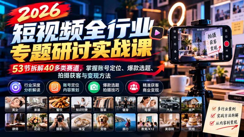 2026短视频全行业专题研讨实战课-更新1010：53节拆解40多类赛道，掌握账号定位、爆款选题、拍摄获客与变现方法-玻哥网络技术工作室
