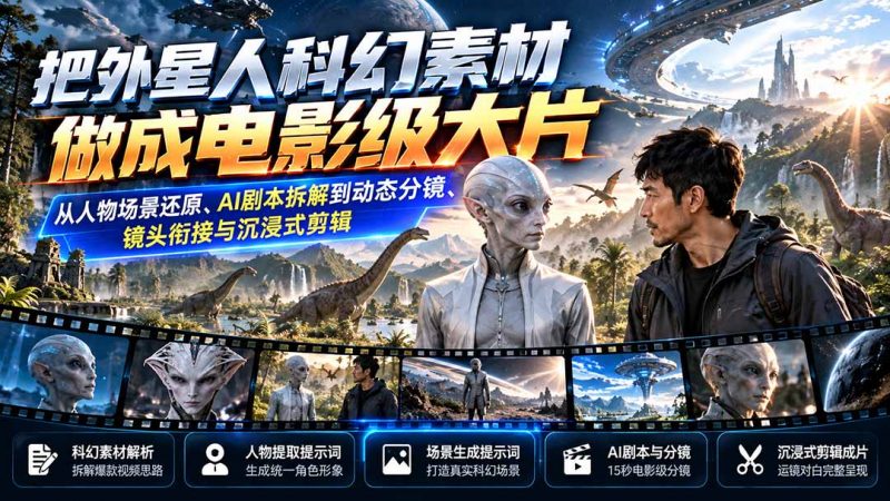 把外星人科幻素材做成电影级大片：从人物场景还原、AI剧本拆解到动态分镜、镜头衔接与沉浸式剪辑-玻哥网络技术工作室