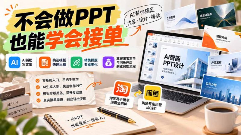 不会做PPT也能学会接单：AI辅助写文案、挑模板、做排版，掌握淘宝写手与闲鱼开店副业完整流程-玻哥网络技术工作室