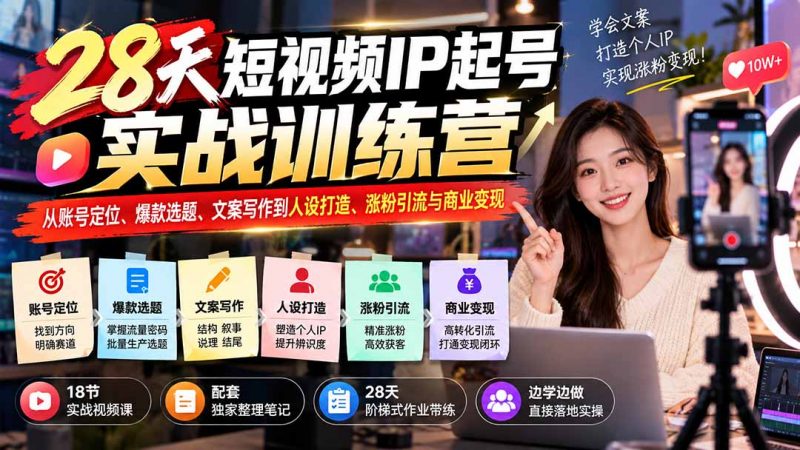 28天短视频IP起号实战训练营:从账号定位、爆款选题、文案写作到人设打造、涨粉引流与商业变现-玻哥网络技术工作室