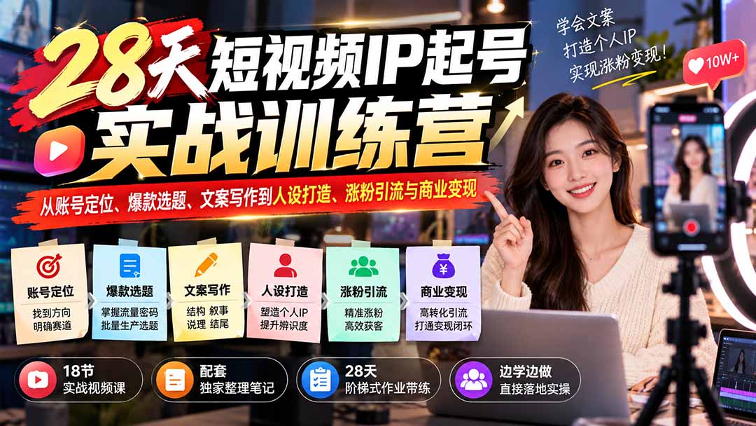 图片[1]-28天短视频IP起号实战训练营：从账号定位、爆款选题、文案写作到人设打造、涨粉引流与商业变现-玻哥网络技术工作室