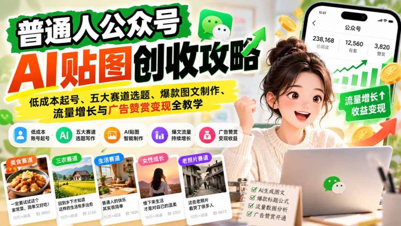 普通人公众号AI贴图创收攻略：低成本起号、五大赛道选题、爆款图文制作、流量增长与广告赞赏变现全教学-玻哥网络技术工作室