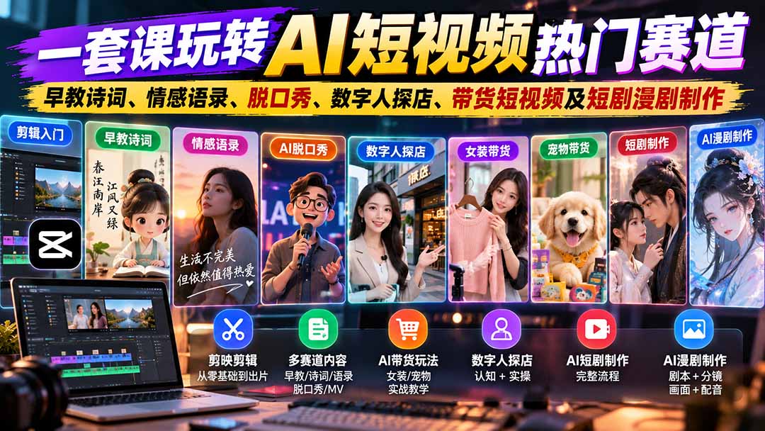 图片[1]-一套课玩转AI短视频热门赛道：早教诗词、情感语录、脱口秀、数字人探店、带货短视频及短剧漫剧制作  复制标题-玻哥网络技术工作室