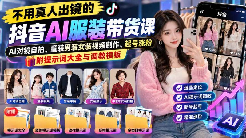 不用真人出镜的抖音AI服装带货课：AI对镜自拍、童装男装女装视频制作、起号涨粉，附提示词大全与调教模板-玻哥网络技术工作室