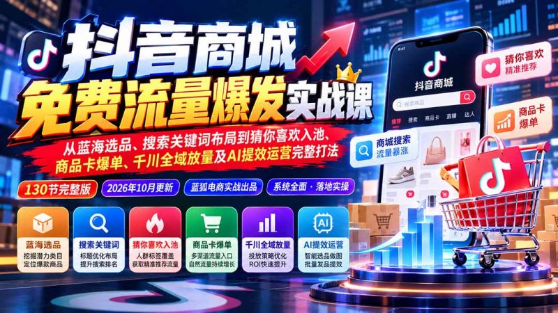 抖音商城免费流量爆发实战:从蓝海选品、搜索关键词布局到猜你喜欢入池、商品卡爆单、千川全域放量及AI提效完整打法-玻哥网络技术工作室