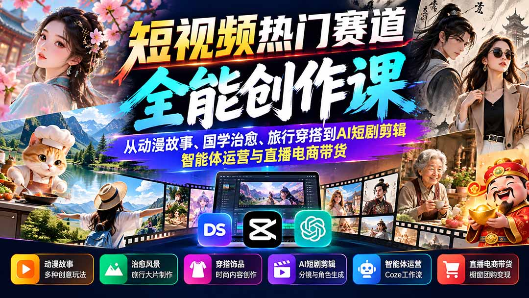 图片[1]-短视频热门赛道全能创作课：从动漫故事、国学治愈、旅行穿搭到AI短剧剪辑、智能体运营与直播电商带货-玻哥网络技术工作室